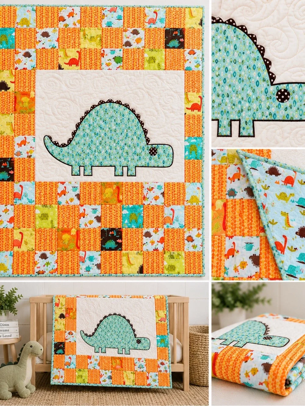 Playful Dino Patchwork Handmade Baby Quilt - Aqua & Orange